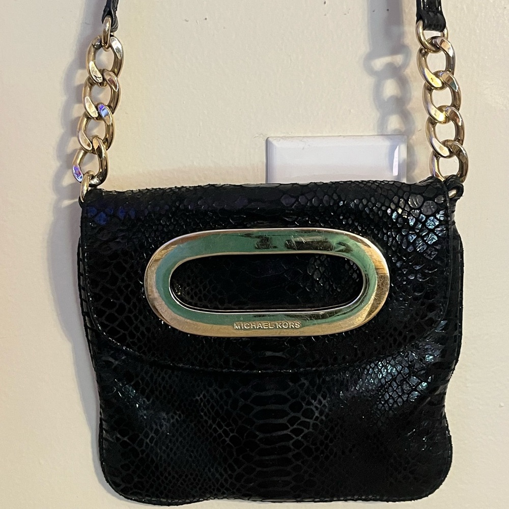 Michael Kors Black Snake-Embossed Mini Bag with Gold Accents